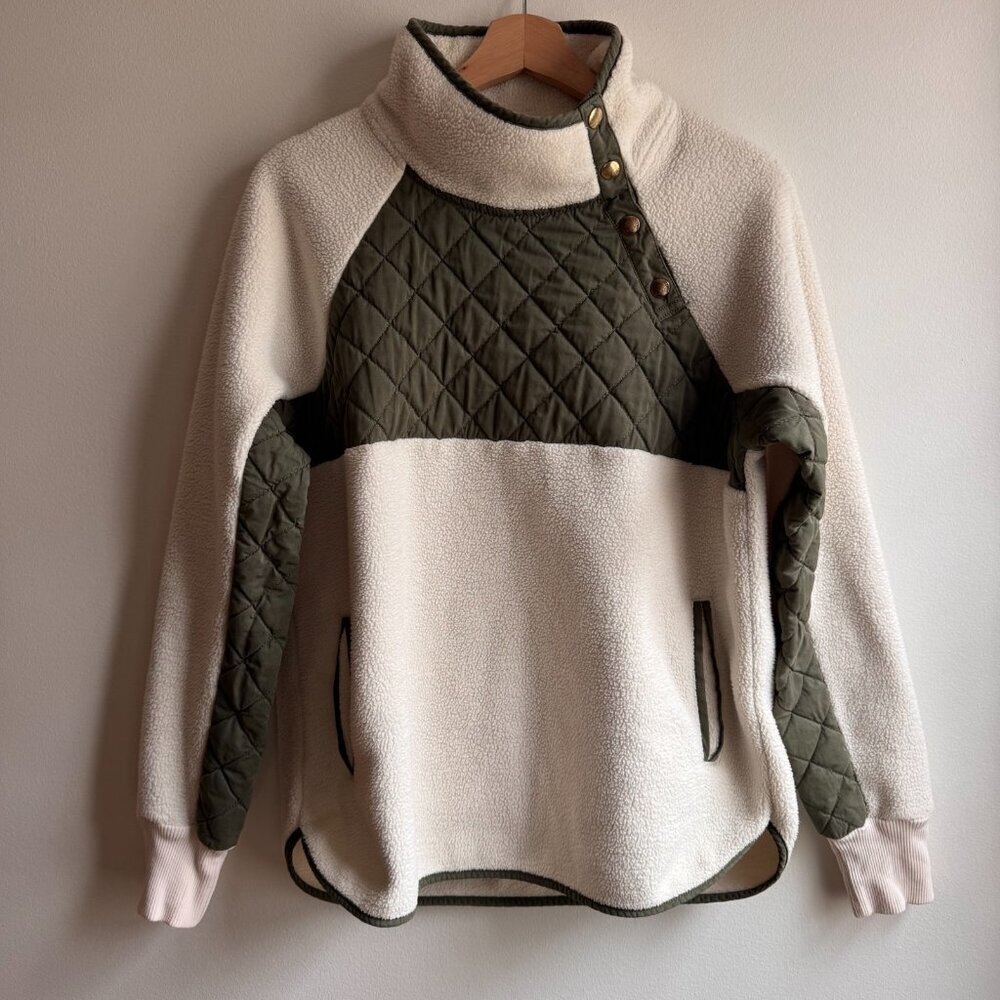 Abercrombie & Fitch Womens Cream Olive Sherpa Quilted Snap Pullover Jacket Large